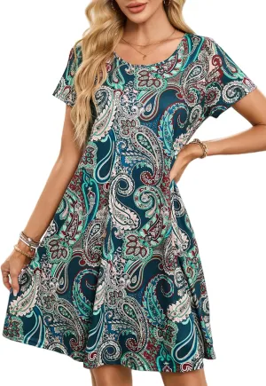 Womens Summer Casual Dresses Paisley Floral T Shirt Dress Short Sleeve Plus Size Sundress Swing Boho Dress with Pockets