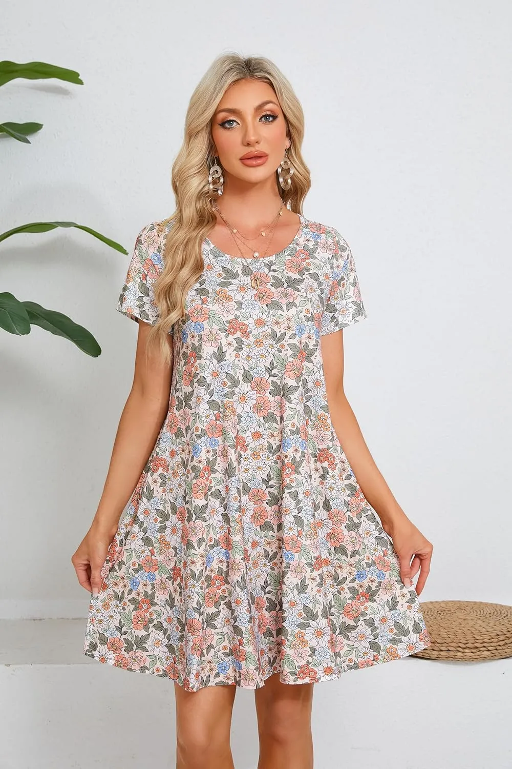 Womens Summer Casual Dresses Paisley Floral T Shirt Dress Short Sleeve Plus Size Sundress Swing Boho Dress with Pockets