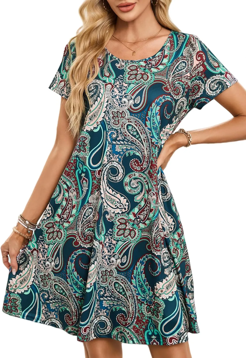 Womens Summer Casual Dresses Paisley Floral T Shirt Dress Short Sleeve Plus Size Sundress Swing Boho Dress with Pockets