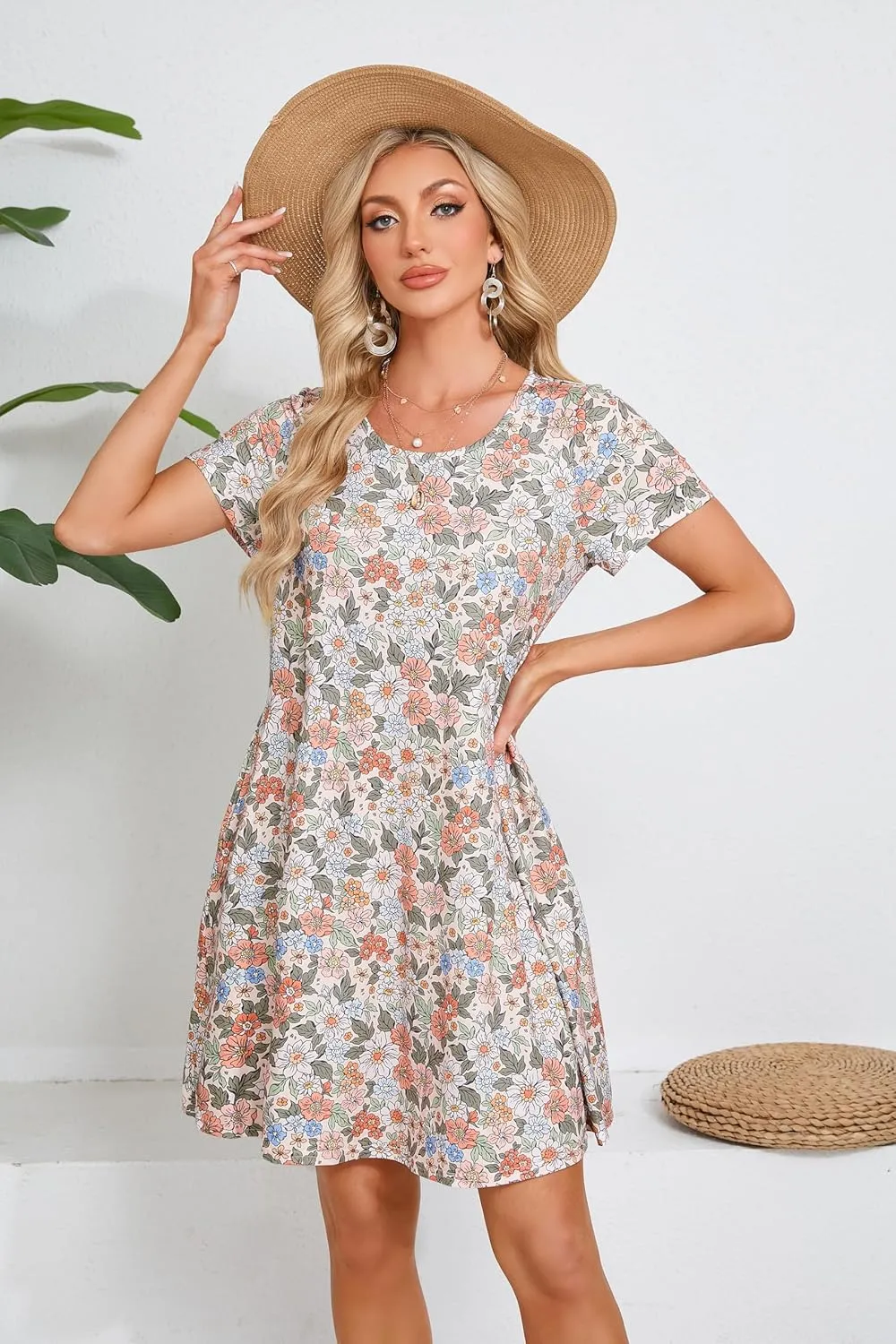 Womens Summer Casual Dresses Paisley Floral T Shirt Dress Short Sleeve Plus Size Sundress Swing Boho Dress with Pockets