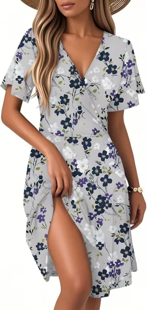 Womens Sundress 2025 Spring Summer Floral Outfits Beach Vacation Clothes Short Sleeve Wrap V Neck A-Line Knee Length Dress