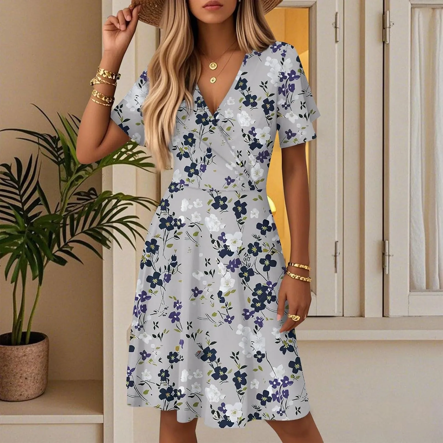 Womens Sundress 2025 Spring Summer Floral Outfits Beach Vacation Clothes Short Sleeve Wrap V Neck A-Line Knee Length Dress