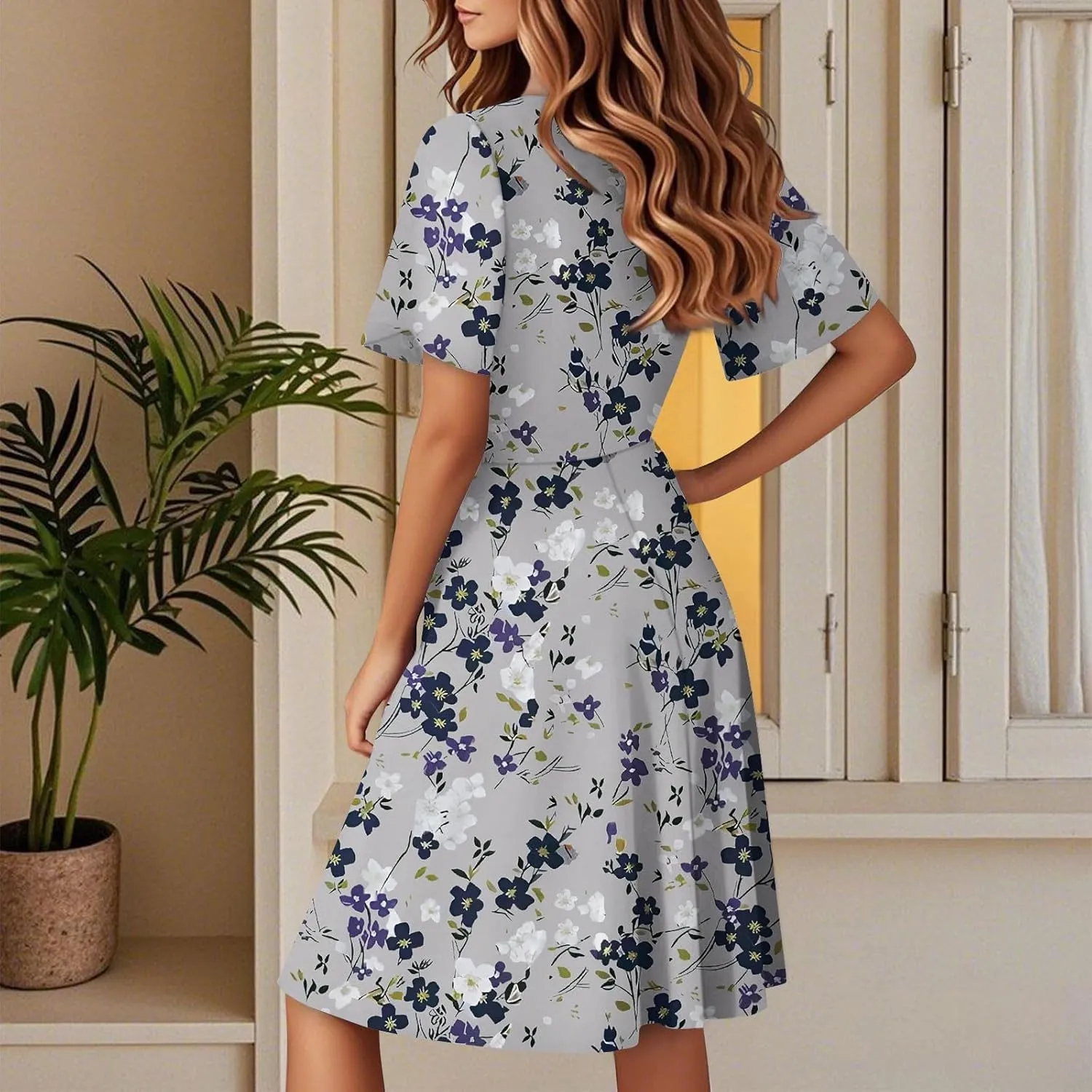 Womens Sundress 2025 Spring Summer Floral Outfits Beach Vacation Clothes Short Sleeve Wrap V Neck A-Line Knee Length Dress