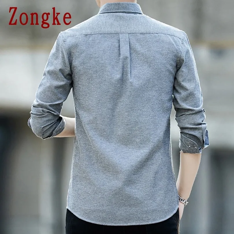 Zongke Men's Solid Slim Fit Oxford Cotton Long Sleeve Casual Shirt