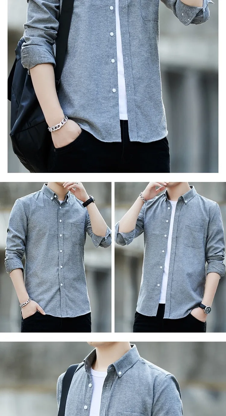 Zongke Men's Solid Slim Fit Oxford Cotton Long Sleeve Casual Shirt