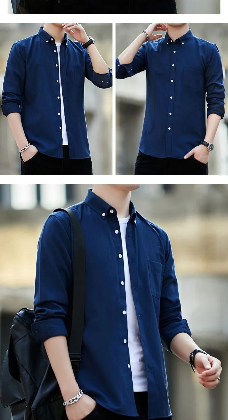 Zongke Men's Solid Slim Fit Oxford Cotton Long Sleeve Casual Shirt